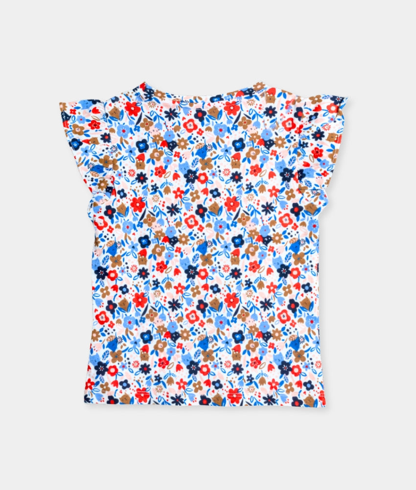 Elegant Smockers LK | Girls Flutter Sleeved T-shirt - Red & Blue Flowers | Sri Lanka 