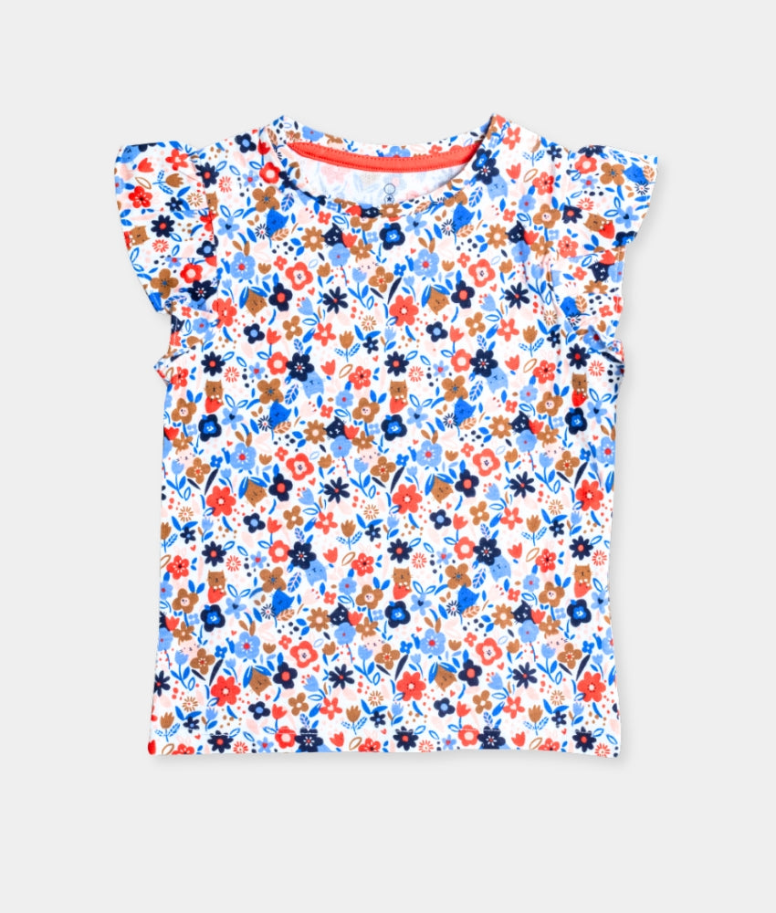 Elegant Smockers LK | Girls Flutter Sleeved T-shirt - Red & Blue Flowers | Sri Lanka 