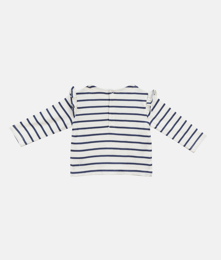 Elegant Smockers LK | Girls Long Sleeves T-Shirt - Blue Stripes Floral Embroidery | Sri Lanka 