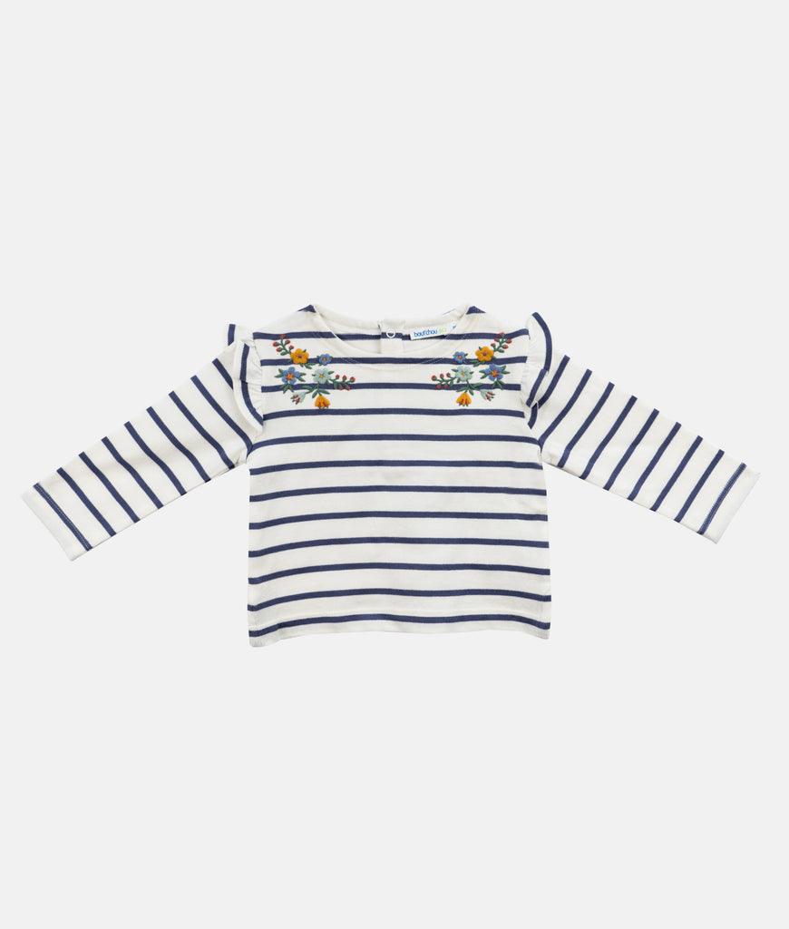 Elegant Smockers LK | Girls Long Sleeves T-Shirt - Blue Stripes Floral Embroidery | Sri Lanka 