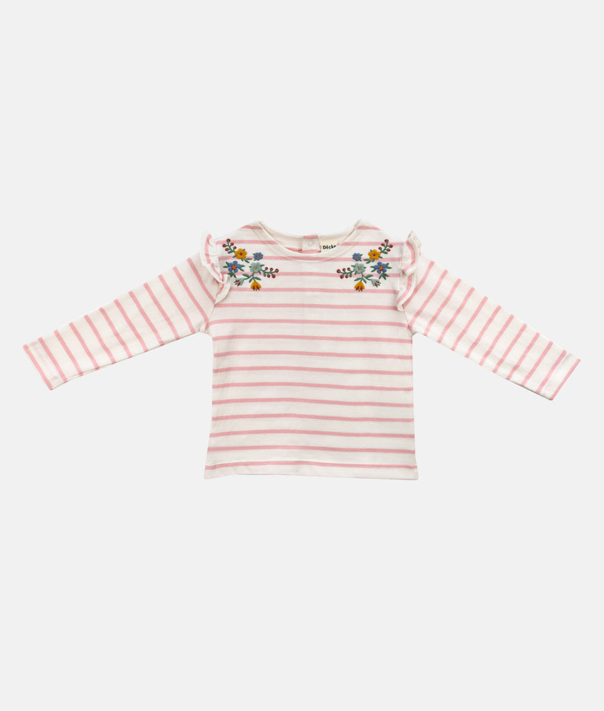 Elegant Smockers LK | Girls Long Sleeves T-Shirt - Pink Stripes Floral Embroidery | Sri Lanka 