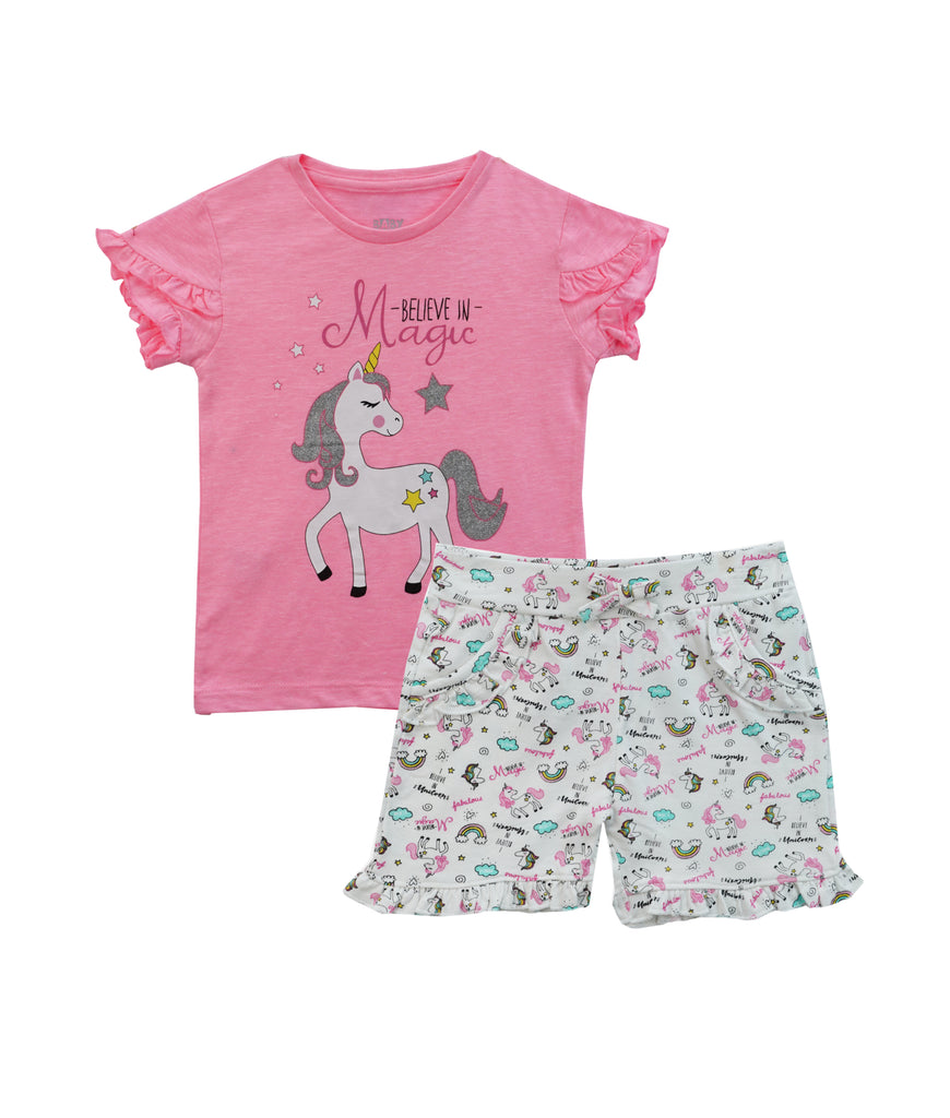 Elegant Smockers LK | Girls Pant & Top 2Pcs Set - Neon Pink Unicorn | Sri Lanka 