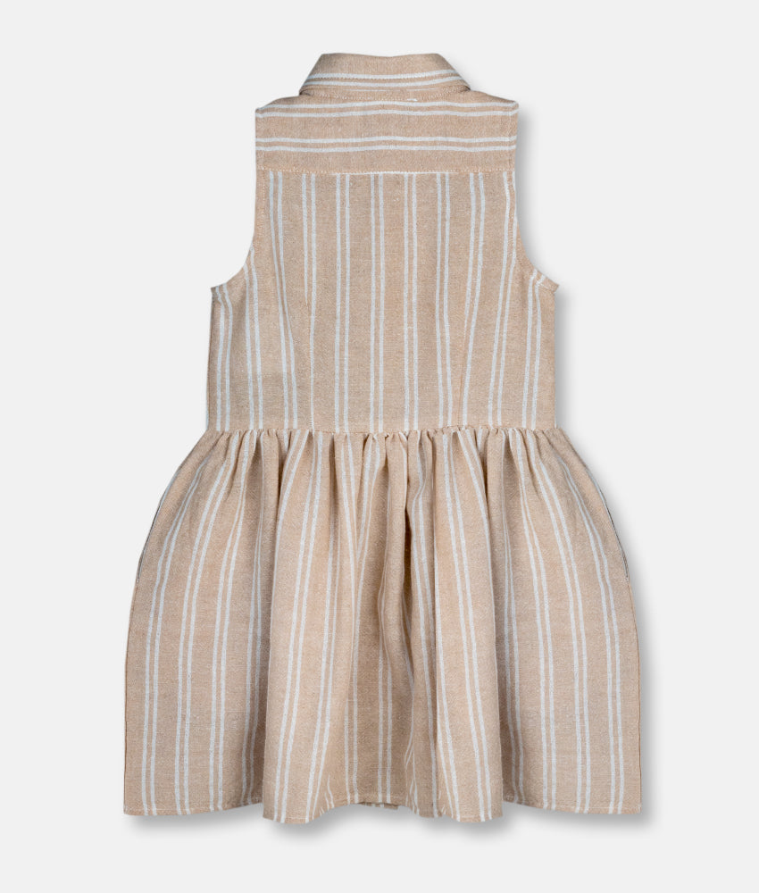 Elegant Smockers LK | Girls Sand Brown Striped Sleeveless Front Button Dress | Sri Lanka 