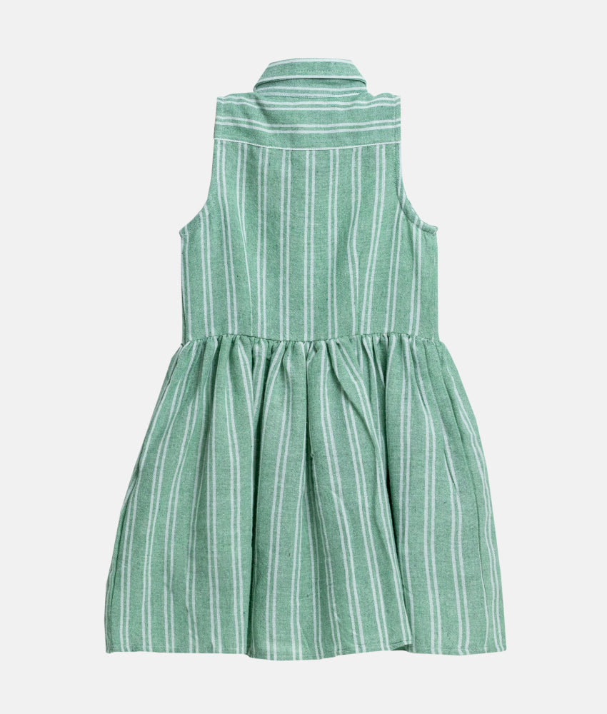 Elegant Smockers LK | Girls Green Striped Sleeveless  Front Button Dress | Sri Lanka 
