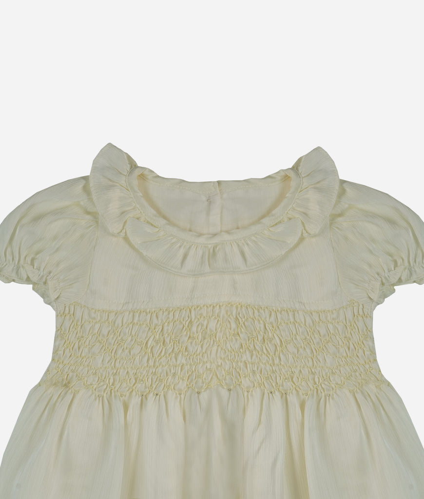 Elegant Smockers LK | Ivory Georgette Puffed Sleeved Smocked Baby Dress | Sri Lanka 