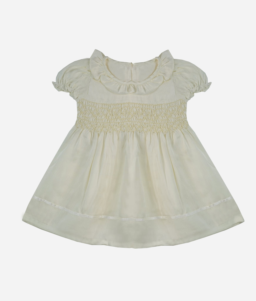 Elegant Smockers LK | Ivory Georgette Puffed Sleeved Smocked Baby Dress | Sri Lanka 