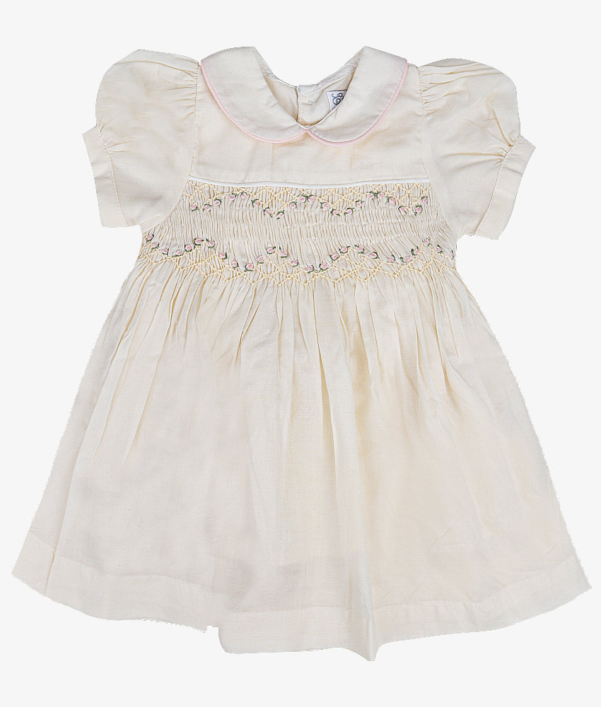 Elegant Smockers LK | Ivory Puffed Sleeved Rose Smocked Baby Dress | Sri Lanka 