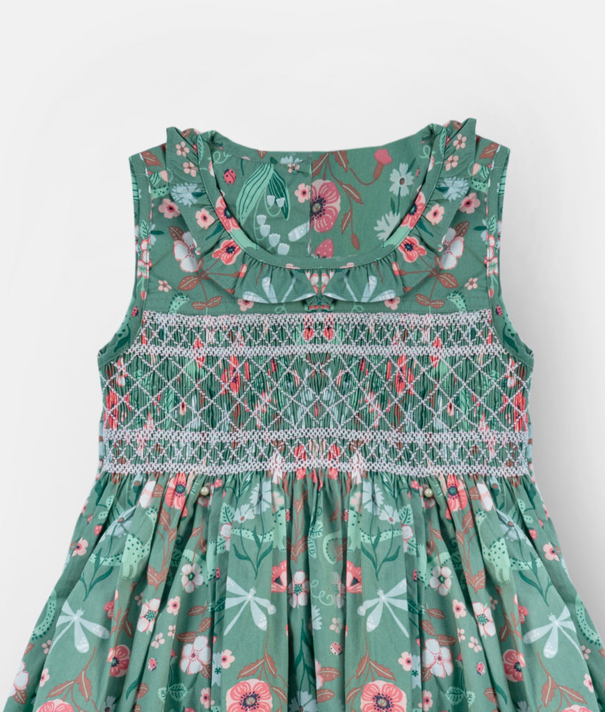 Elegant Smockers LK | Jade Green Pink Floral Ruffle Collared Sleeveless Dress | Sri Lanka 