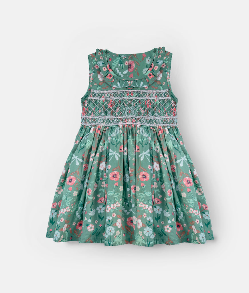 Elegant Smockers LK | Jade Green Pink Floral Ruffle Collared Sleeveless Dress | Sri Lanka 