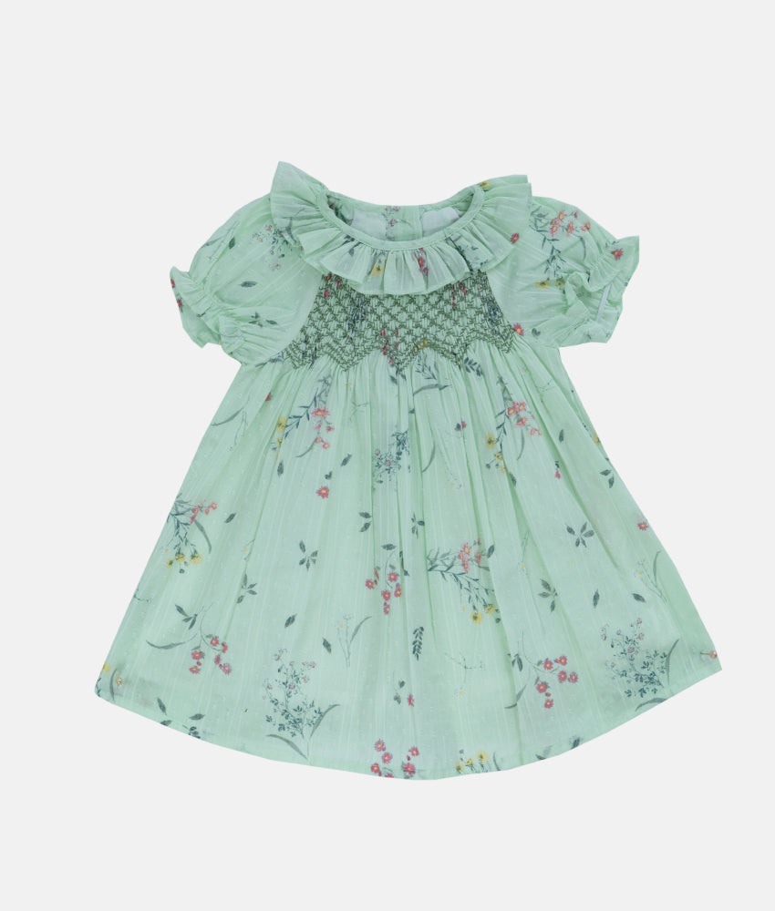 Elegant Smockers LK | Pastel Green Floral Smocked Bishop Baby Dress | Sri Lanka 