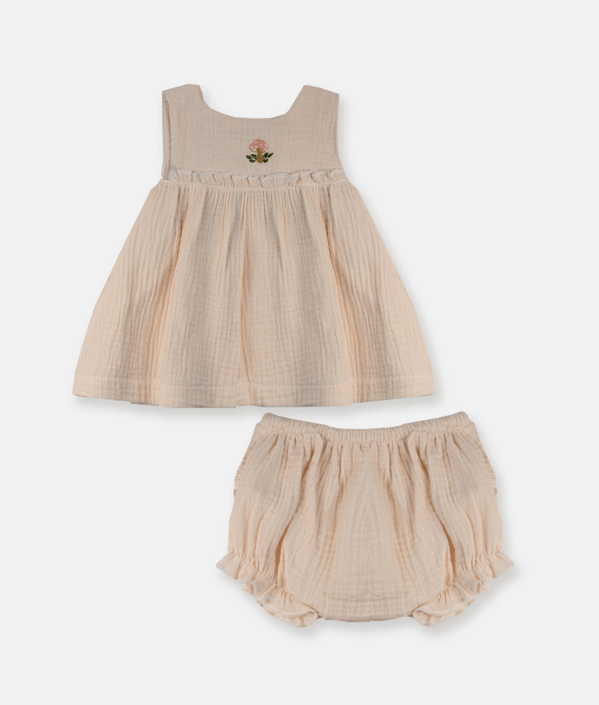 Elegant Smockers LK | Light Peach Embroidery Dress With Bloomer - 2Pcs Set (Mushroom) | Sri Lanka 