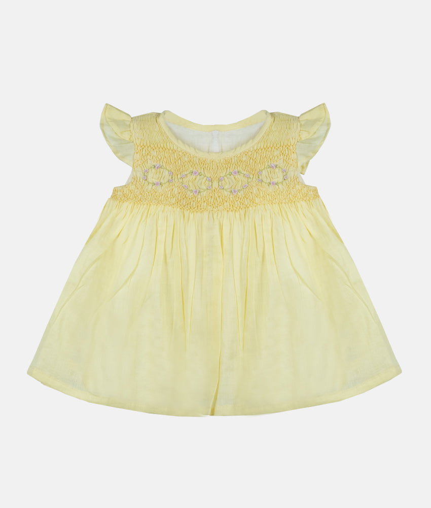 Elegant Smockers LK | Light Yellow Flutter Sleeved Smocked Baby Dress | Sri Lanka 