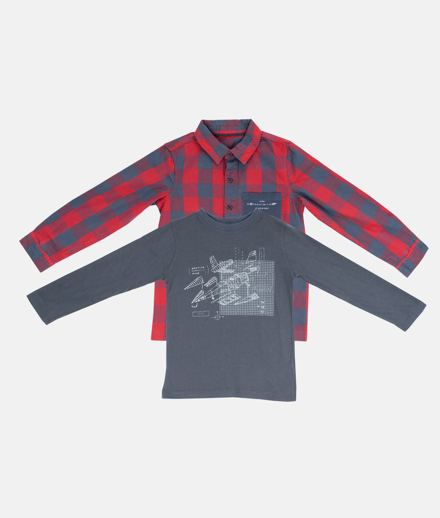 Elegant Smockers LK | Long Sleeved Red Checked Boys Shirt with T Shirt | Sri Lanka 