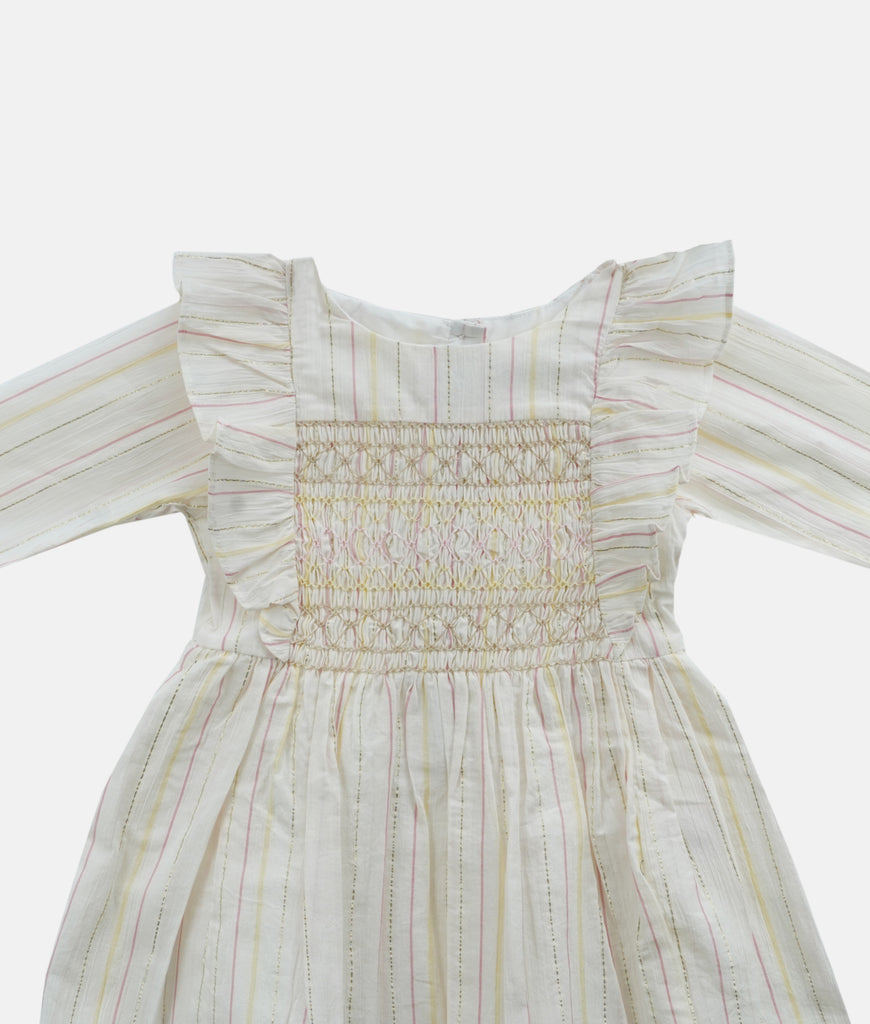 Elegant Smockers LK | Long Sleeved Smocked Girls Dress- Ivory Stripes | Sri Lanka 