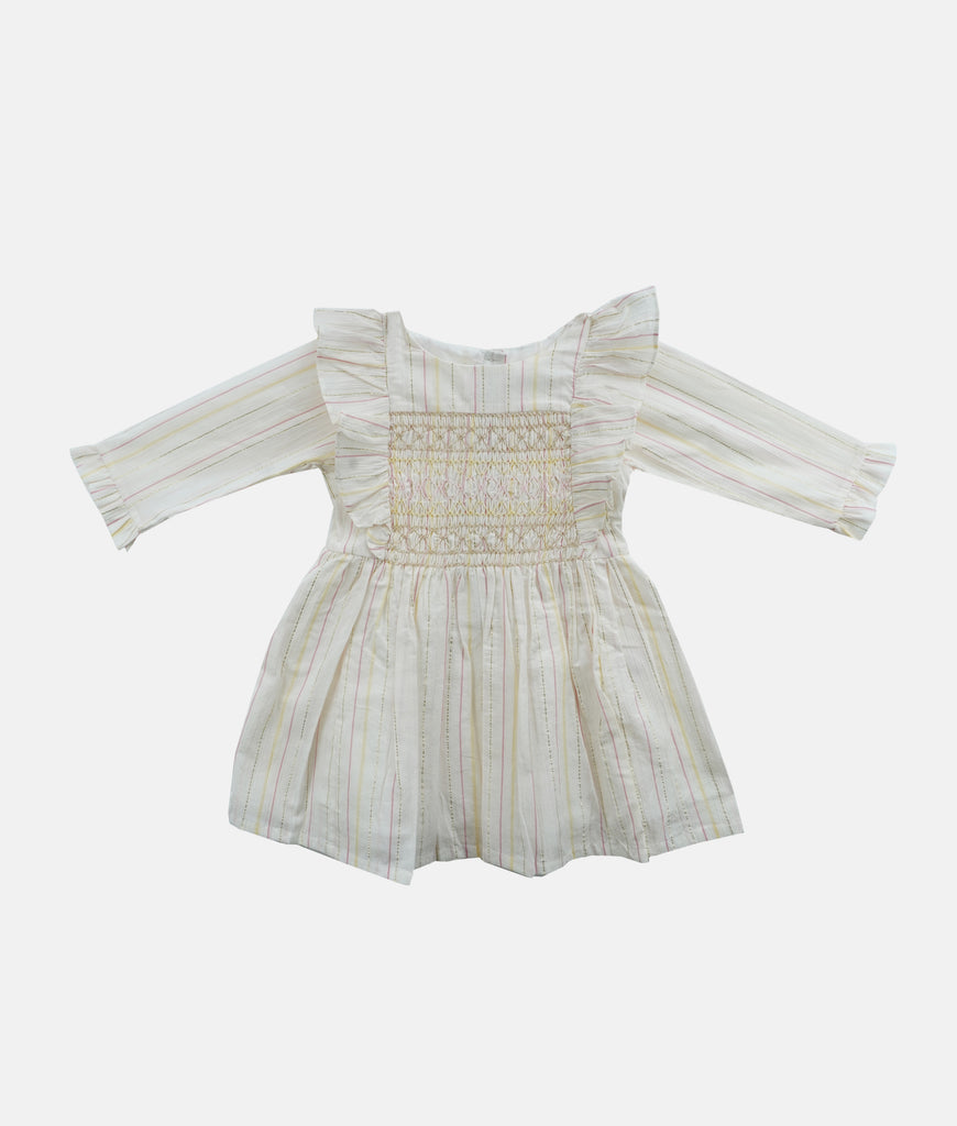 Elegant Smockers LK | Long Sleeved Smocked Girls Dress- Ivory Stripes | Sri Lanka 