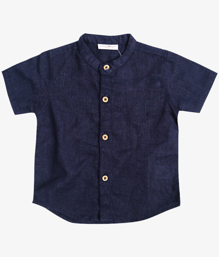 Elegant Smockers LK | Navy Blue Short Sleeve Chinese Collar Boys Shirt | Sri Lanka 
