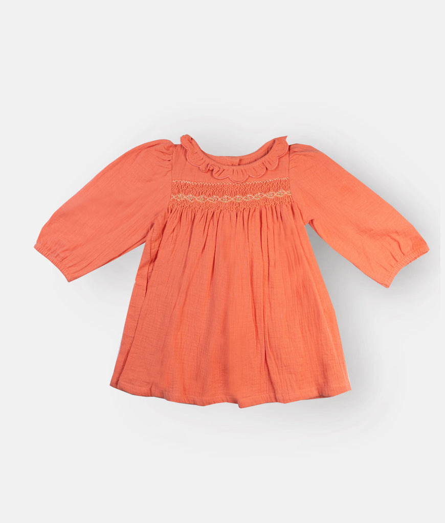 Elegant Smockers LK | Orange Muslin Smocked Long Sleeved Girls Dress | Sri Lanka 