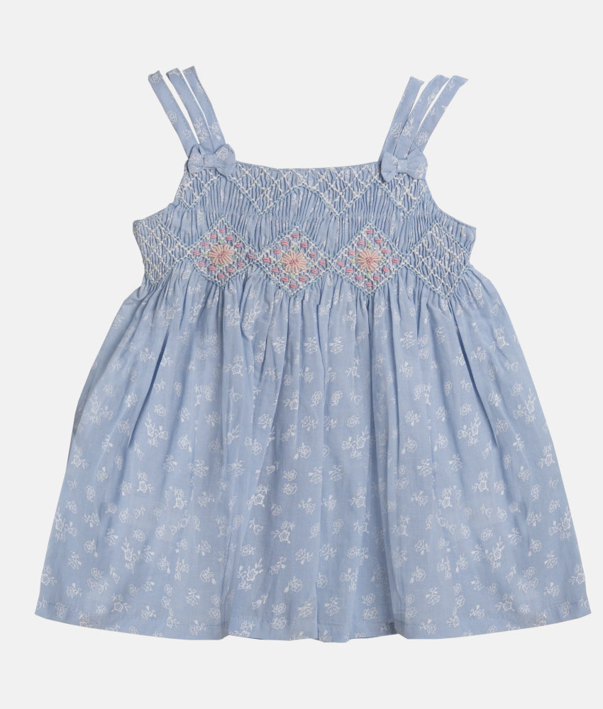Elegant Smockers LK | Pale Blue Print Strapped Smocked Dress - 3-6 Months | Sri Lanka 