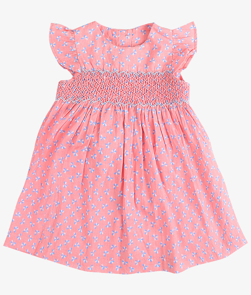 Elegant Smockers LK | Pink Blue Print Flutter Sleeved Smocked Dress | Sri Lanka 