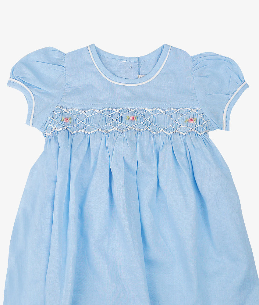 Elegant Smockers LK | Plain Blue Puffed Sleeved Smocked Baby Dress | Sri Lanka 