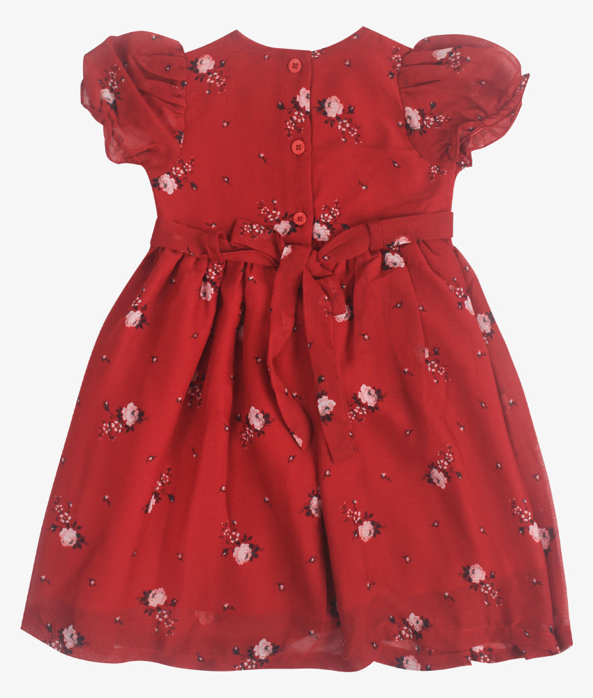 Elegant Smockers LK | Puffed Sleeve Red Floral Smocked Baby Dress | Sri Lanka 