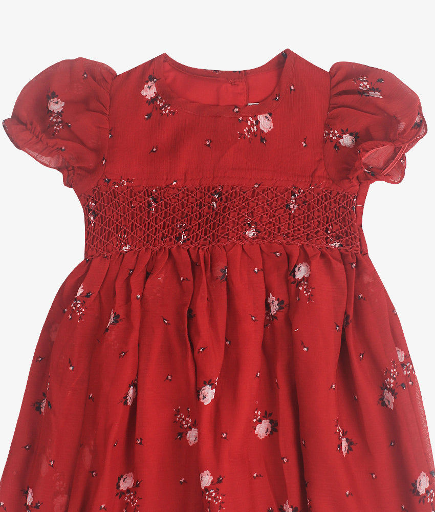 Elegant Smockers LK | Puffed Sleeve Red Floral Smocked Baby Dress | Sri Lanka 