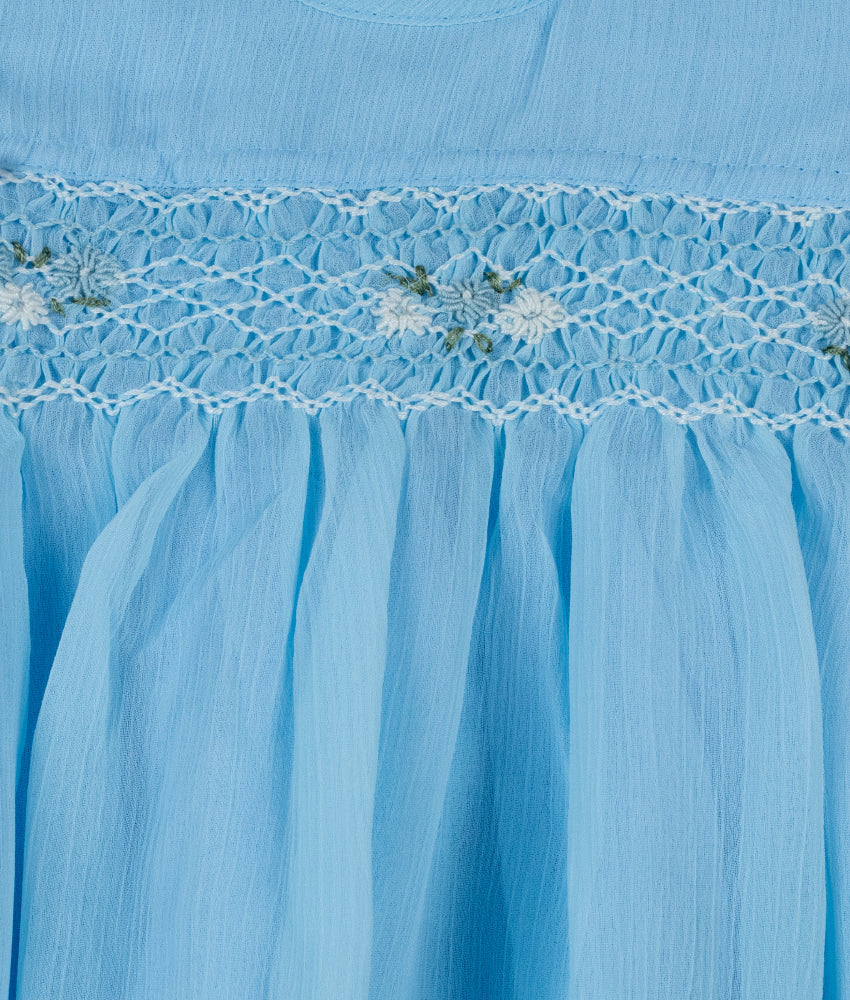 Elegant Smockers LK | Puffed Sleeved Blue Floral Smocked Dress (0-3 Months) | Sri Lanka 