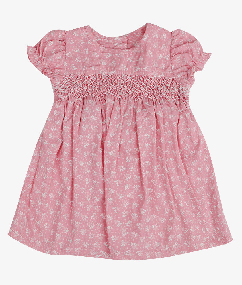 Elegant Smockers LK | Puffed Sleeved Pink Dainty Floral Smocked Baby Dress | Sri Lanka 