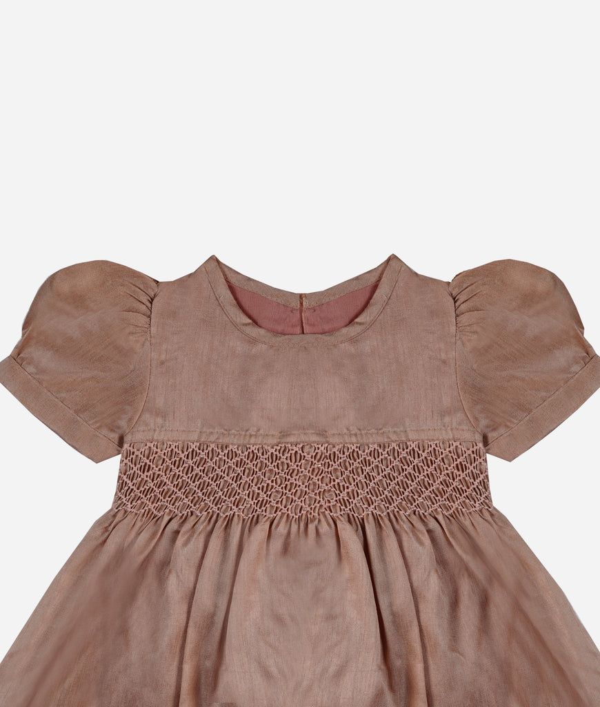 Elegant Smockers LK | Raw Silk Metallic Rose Smocked Baby Dress | Sri Lanka 