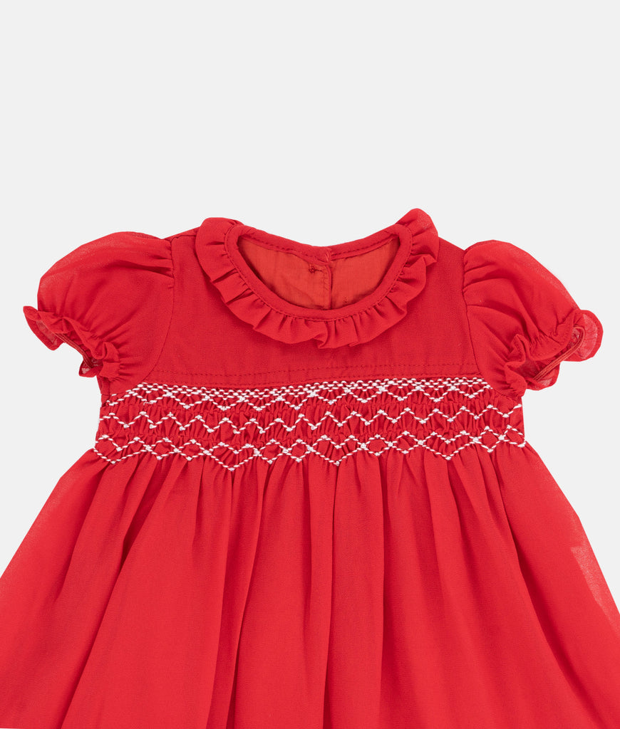 Elegant Smockers LK | Red Georgette Puffed Sleeved Smocked Dress | Sri Lanka 