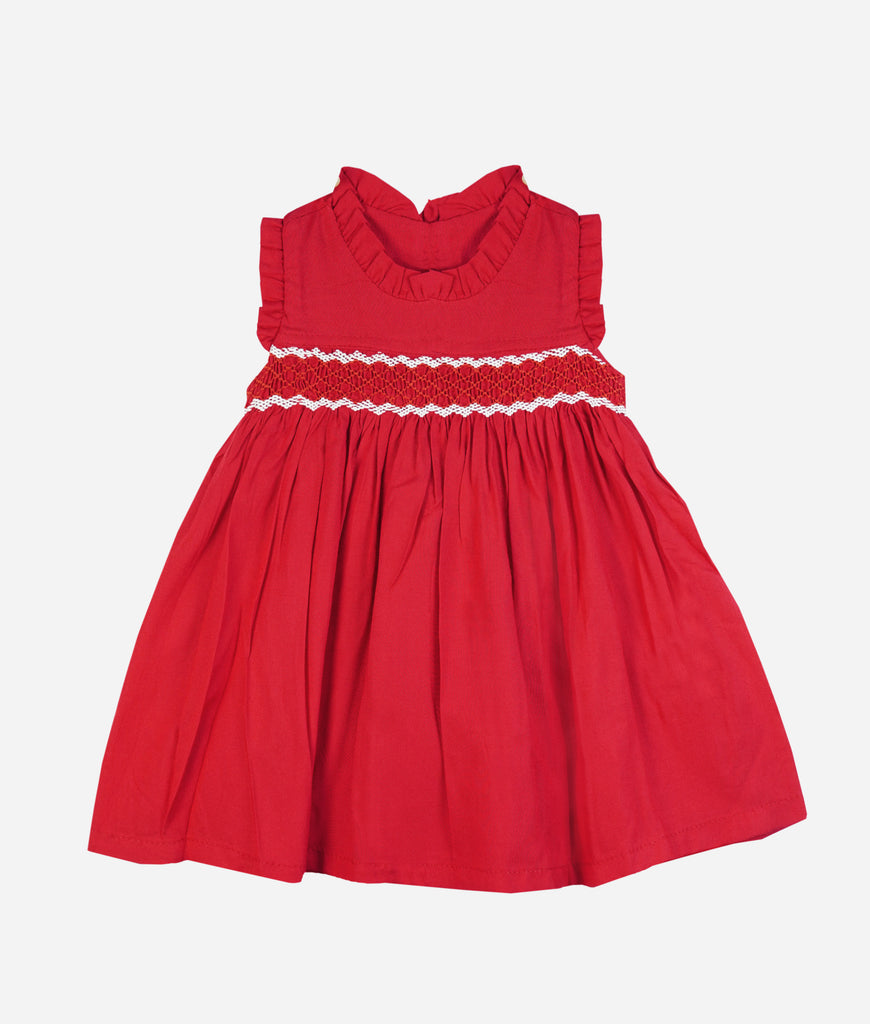 Elegant Smockers LK | Red Ruffle Collared Smocked Girls Dress | Sri Lanka 