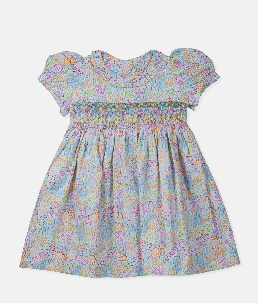 Elegant Smockers LK | Ruffle Collared Puffed Sleeved Smocked Dress - Multicolor Blossom Print | Sri Lanka 