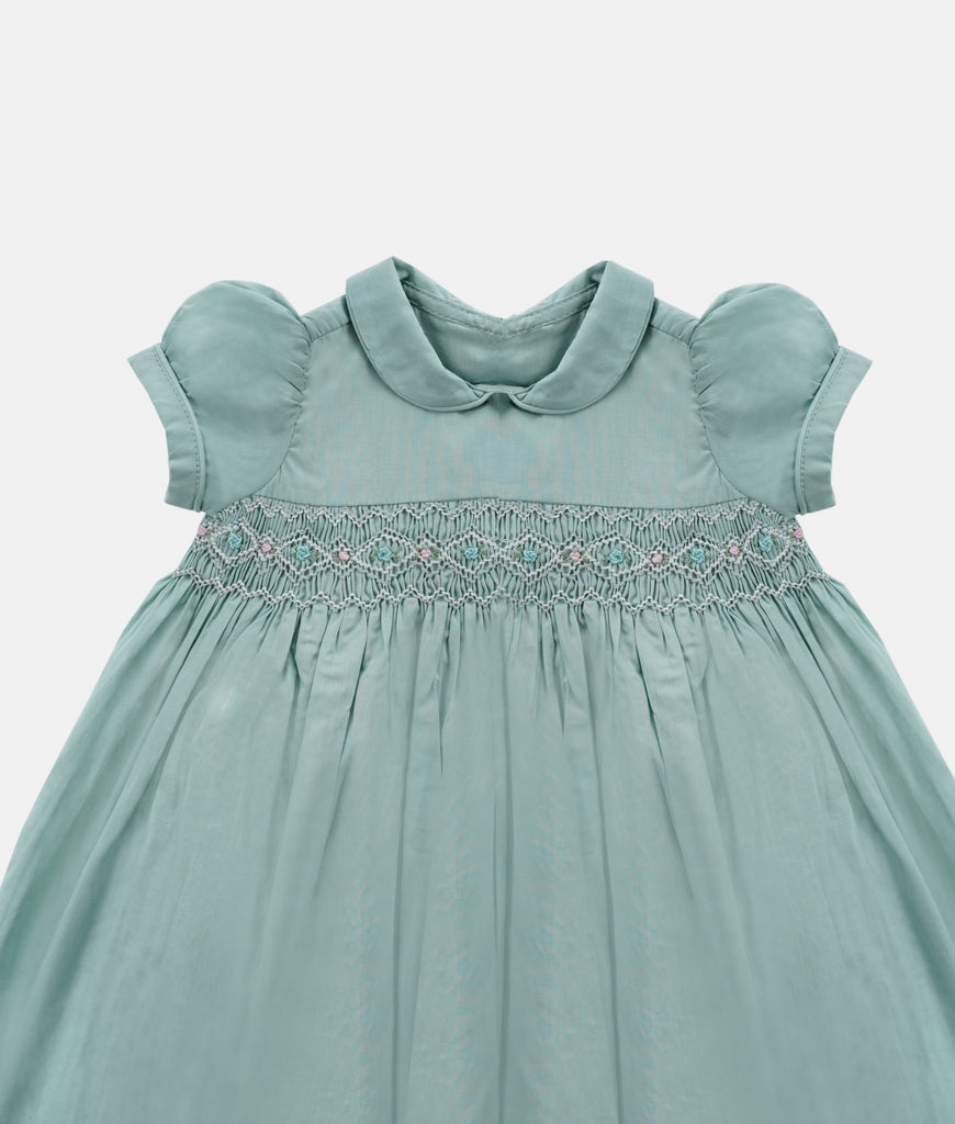 Elegant Smockers LK | Sage Green Puffed Sleeved Smocked Girls Dress | Sri Lanka 