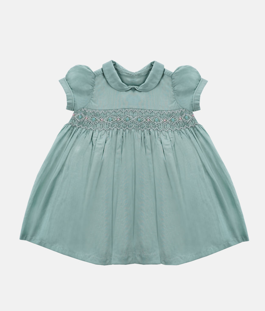 Elegant Smockers LK | Sage Green Puffed Sleeved Smocked Girls Dress | Sri Lanka 