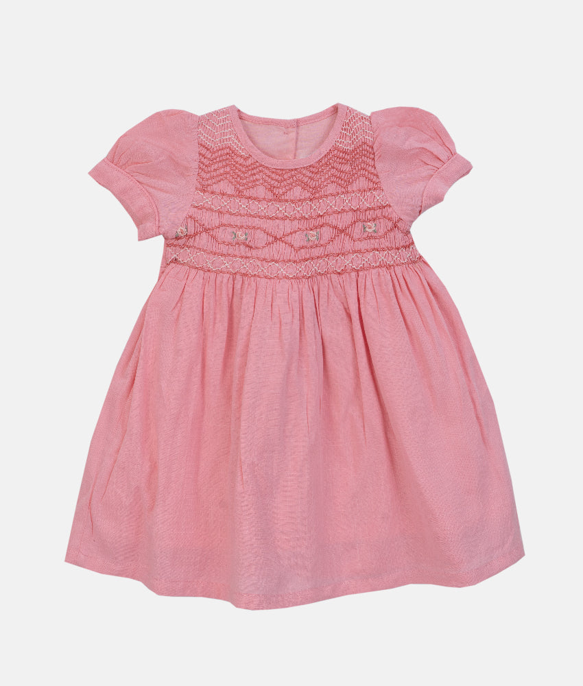 Elegant Smockers LK | Coral Pink Puff Sleeved Smocked Girls Dress | Sri Lanka 