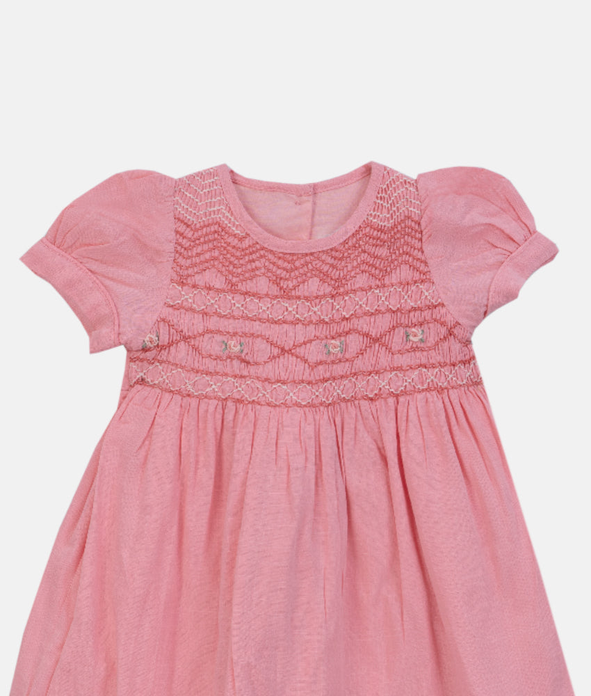 Elegant Smockers LK | Coral Pink Puff Sleeved Smocked Girls Dress | Sri Lanka 