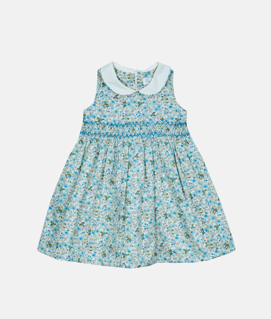 Elegant Smockers LK | White Collared Blue Floral Smocked Girls Dress | Sri Lanka 