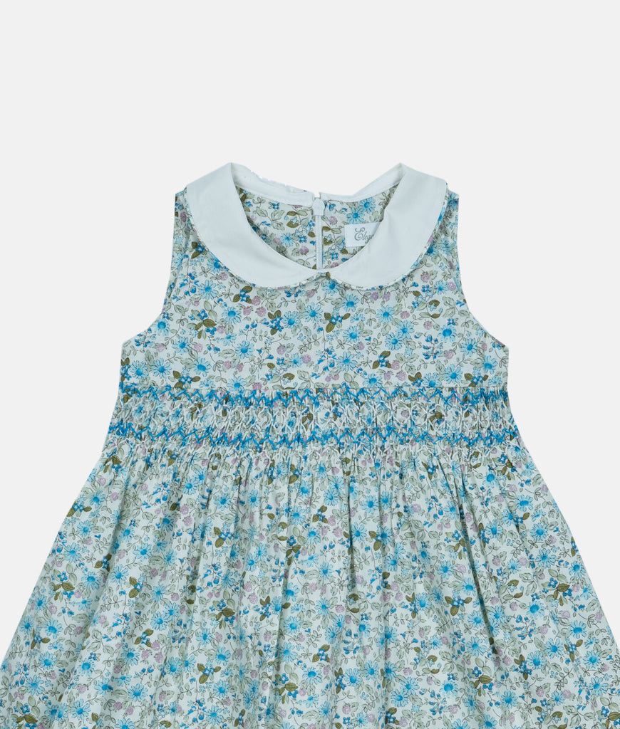 Elegant Smockers LK | White Collared Blue Floral Smocked Girls Dress | Sri Lanka 