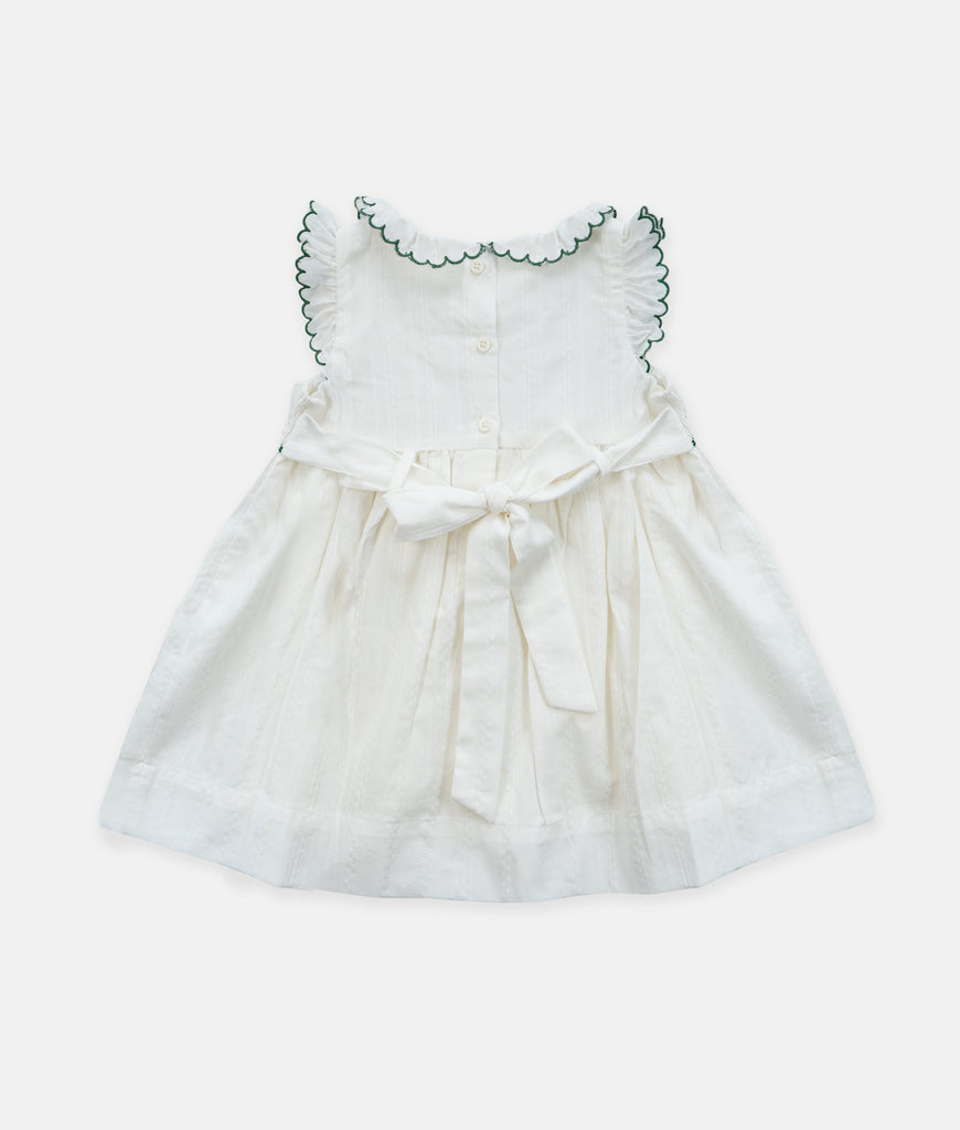 Elegant Smockers LK | White Frill Neck Embroidery Green Smocked Dress | Sri Lanka 