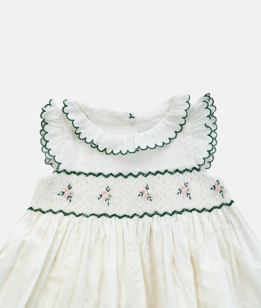 Elegant Smockers LK | White Frill Neck Embroidery Green Smocked Dress | Sri Lanka 