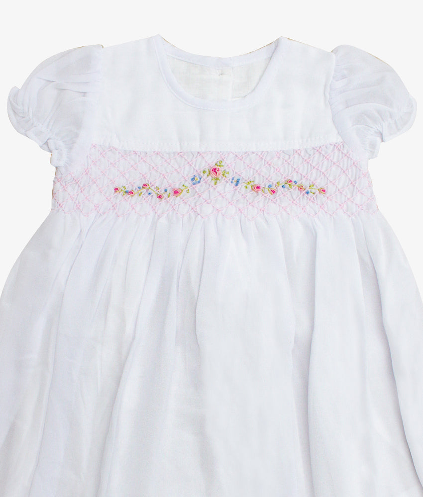 Elegant Smockers LK | White Georgette Puffed Sleeved  Rose Smocked Dress | Sri Lanka 