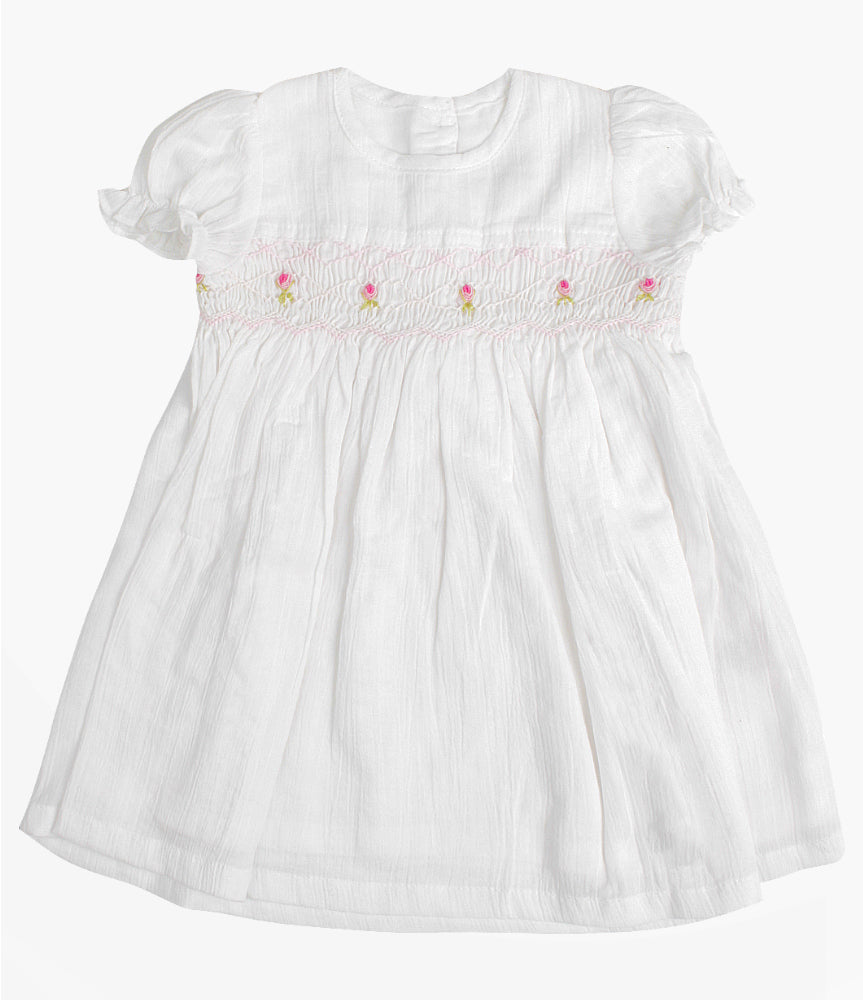 Elegant Smockers LK | White Puffed Sleeved Rose Smocked Dress - 18-24 Months | Sri Lanka 
