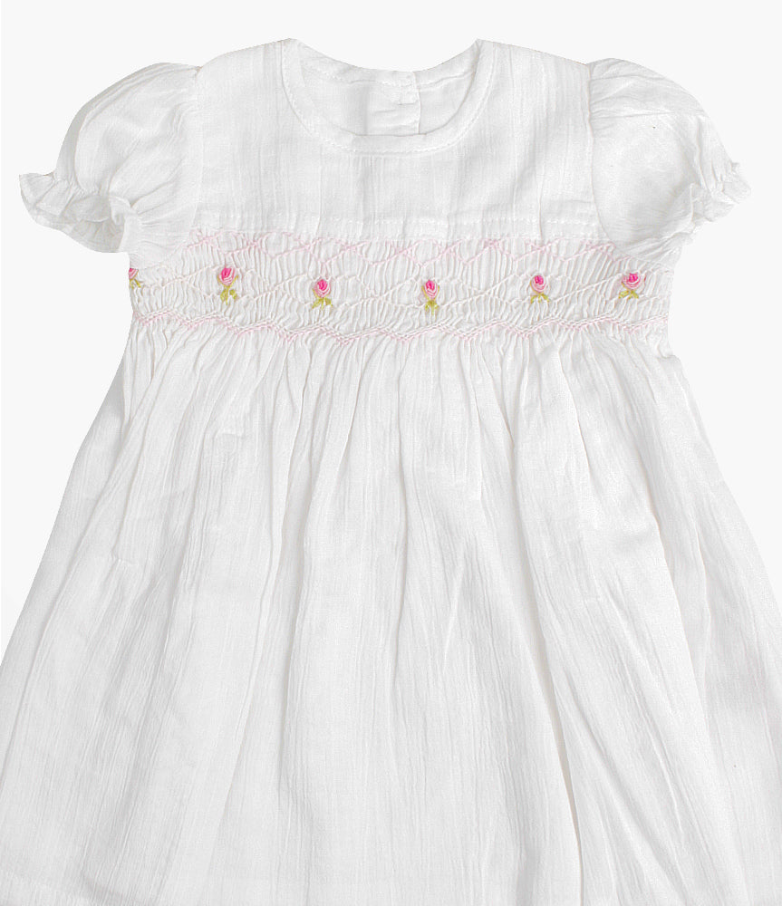 Elegant Smockers LK | White Puffed Sleeved Rose Smocked Dress | Sri Lanka 