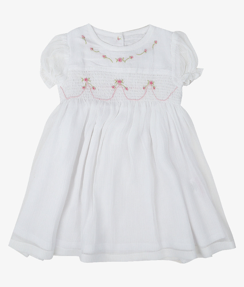 Elegant Smockers LK | White Puffed Sleeved Rose Smocked Girls Dress | Sri Lanka 