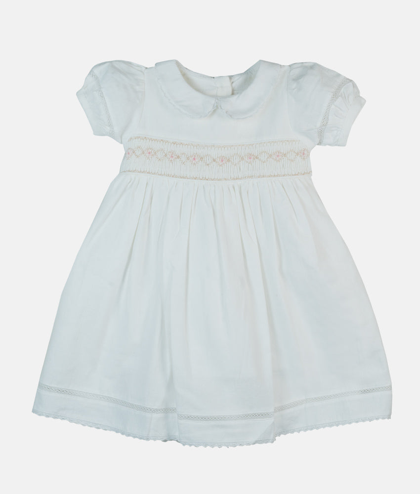 Elegant Smockers LK | White Puffed Sleeved Smocked Baby Dress with Lace Trim | Sri Lanka 