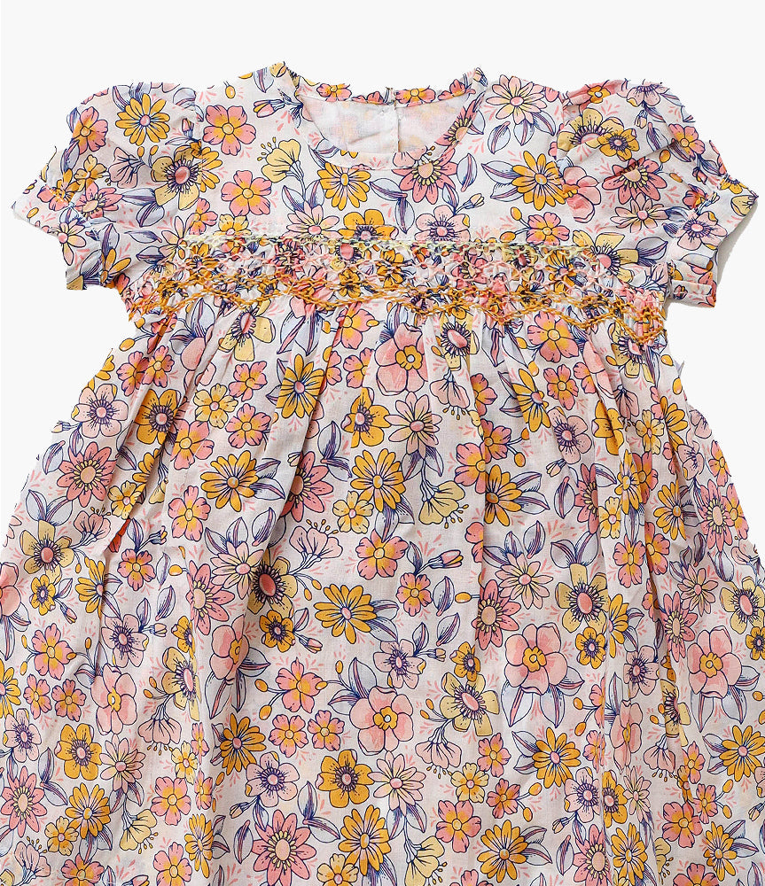 Elegant Smockers LK | Yellow Blossom Puffed Sleeved Smocked Baby Dress | Sri Lanka 