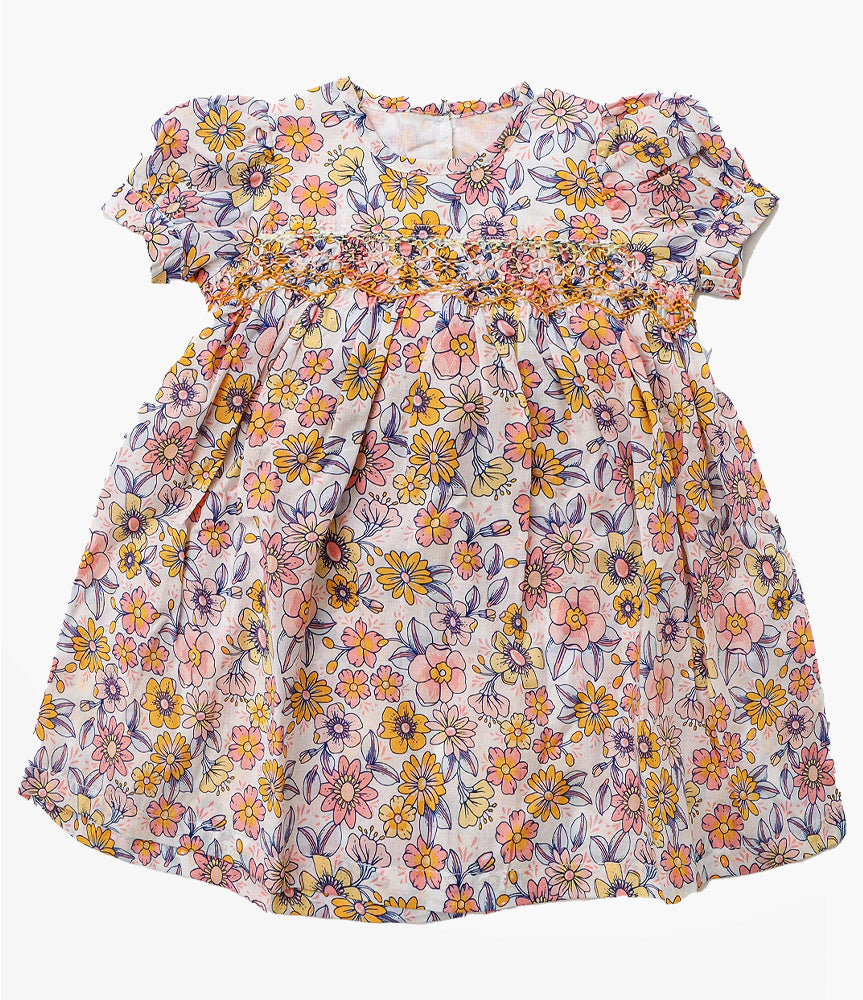 Elegant Smockers LK | Yellow Blossom Puffed Sleeved Smocked Baby Dress | Sri Lanka 