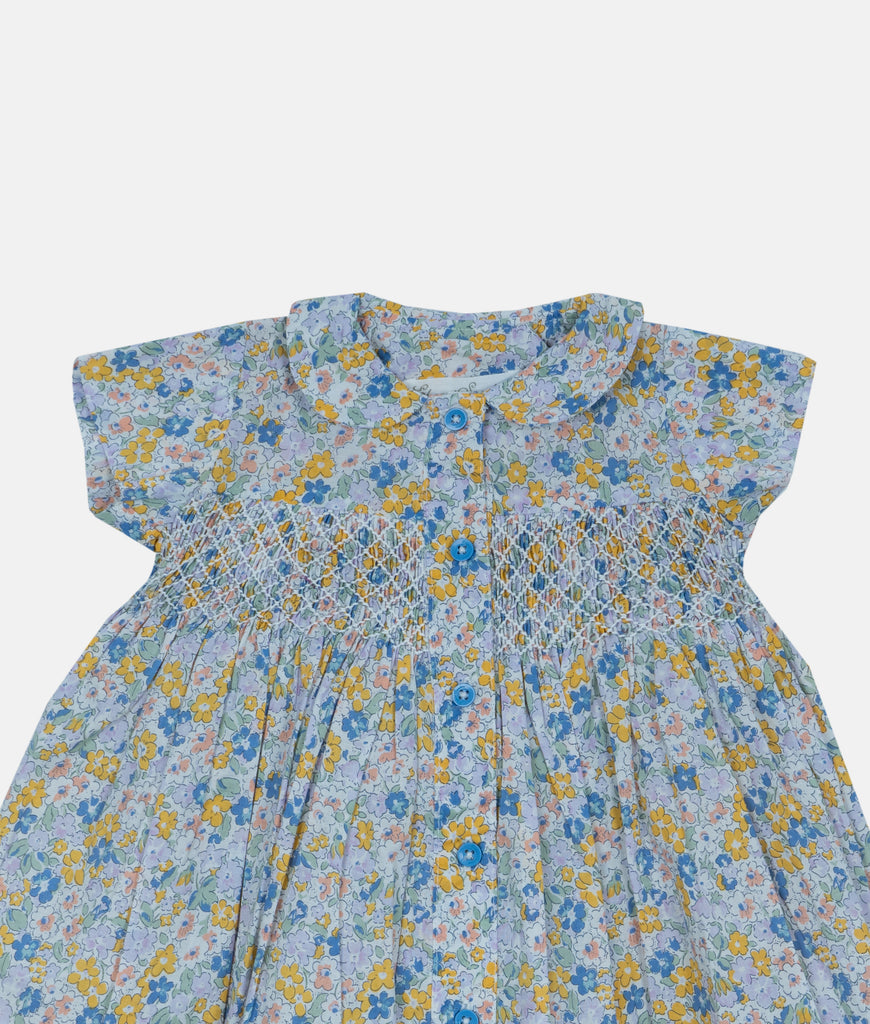 Elegant Smockers LK | Yellow & Blue Floral Smocked Baby Dress | Sri Lanka 