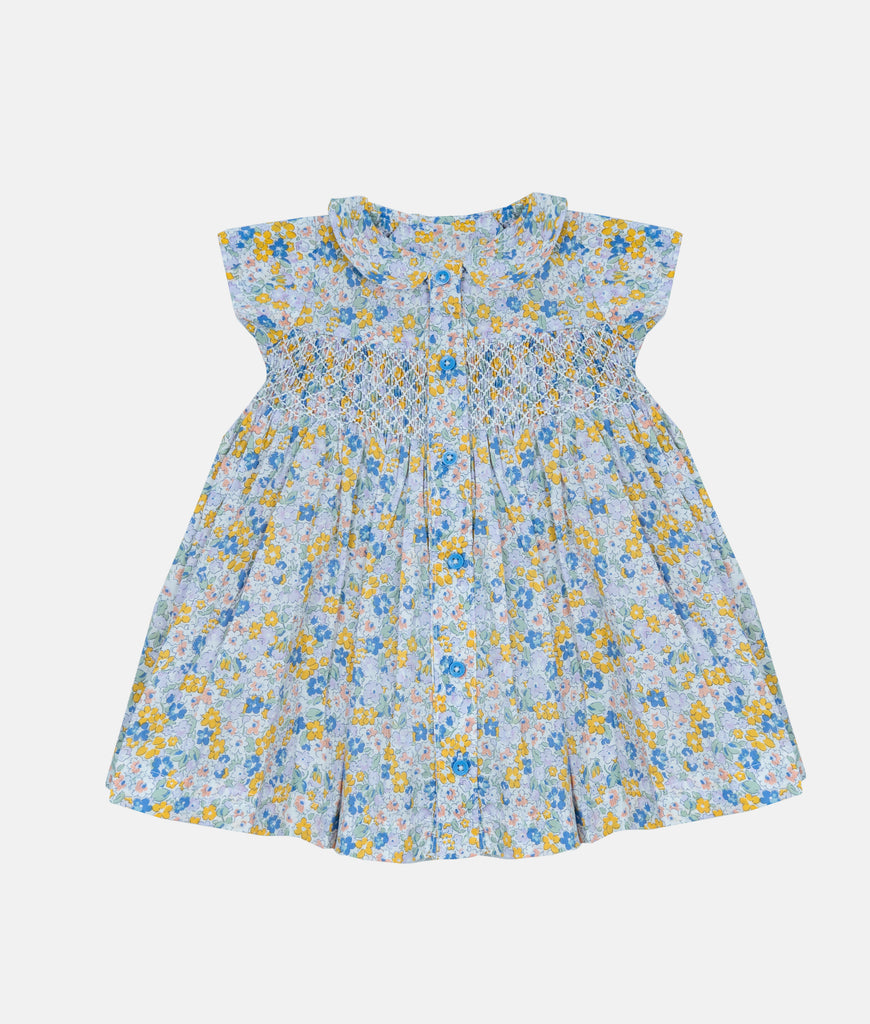 Elegant Smockers LK | Yellow & Blue Floral Smocked Baby Dress | Sri Lanka 