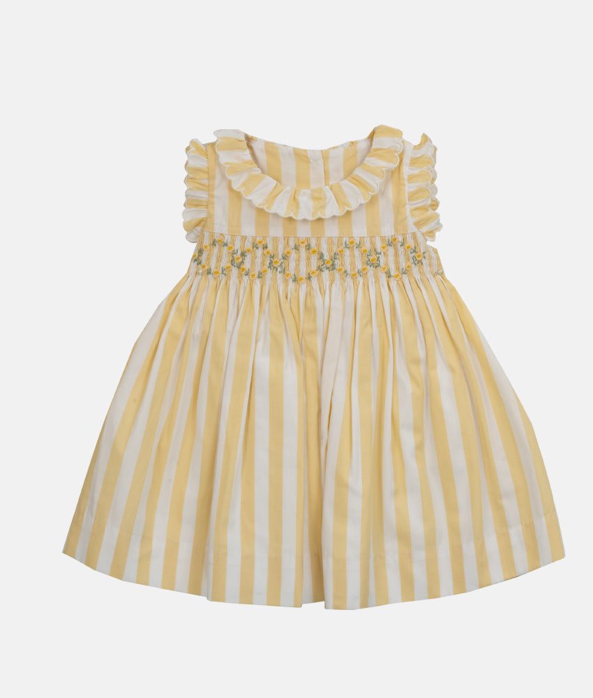 Elegant Smockers LK | Yellow & White Scallop Collared Smocked Girls Dress | Sri Lanka 